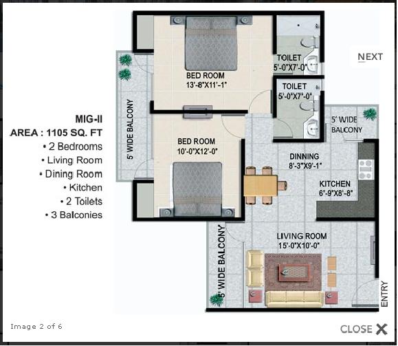 Panchsheel Greens 2 -  2 BHK - 1105 Sq.Ft.