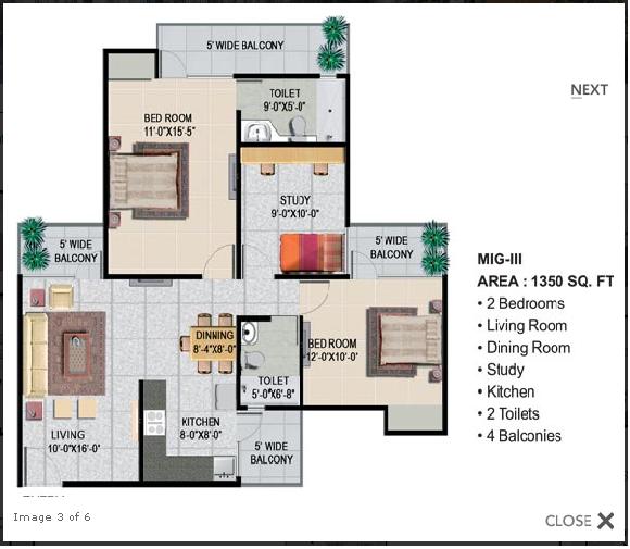 Panchsheel Greens 2 -  2 BHK + Study - 1350 Sq.Ft. 