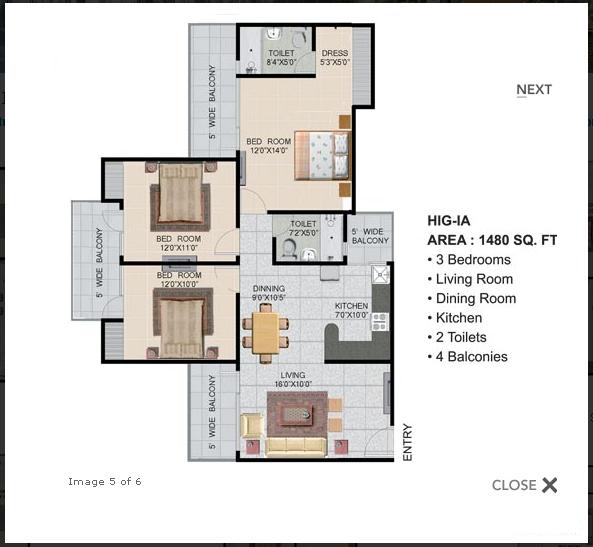 Panchsheel Greens 2 -  3 BHK - 1480 Sq.Ft.