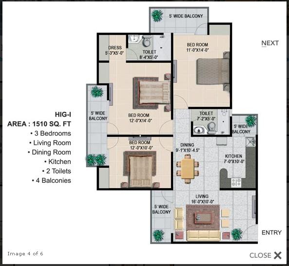 Panchsheel Greens 2 -  3 BHK - 1510 Sq.Ft.