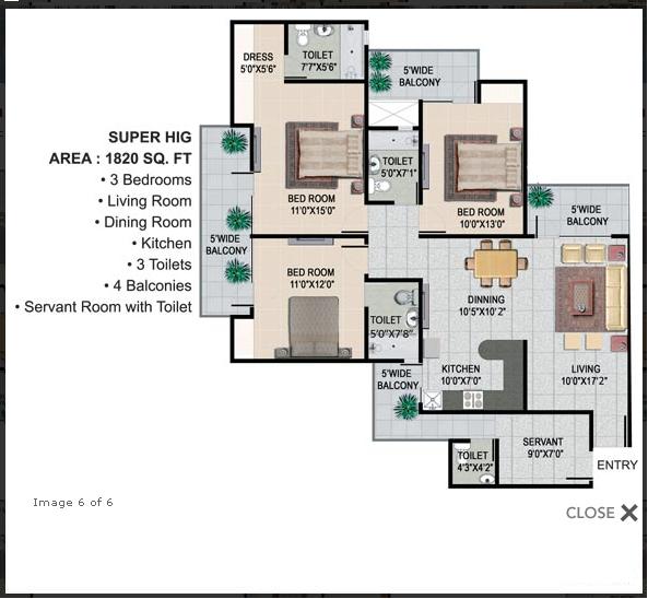 Panchsheel Greens 2 -  3 BHK + Servant - 1820 Sq.Ft.