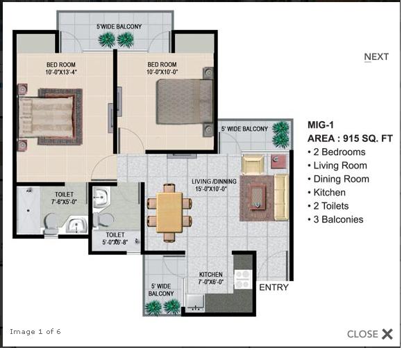 Panchsheel Greens 2 -  2 BHK - 915 Sq.Ft.