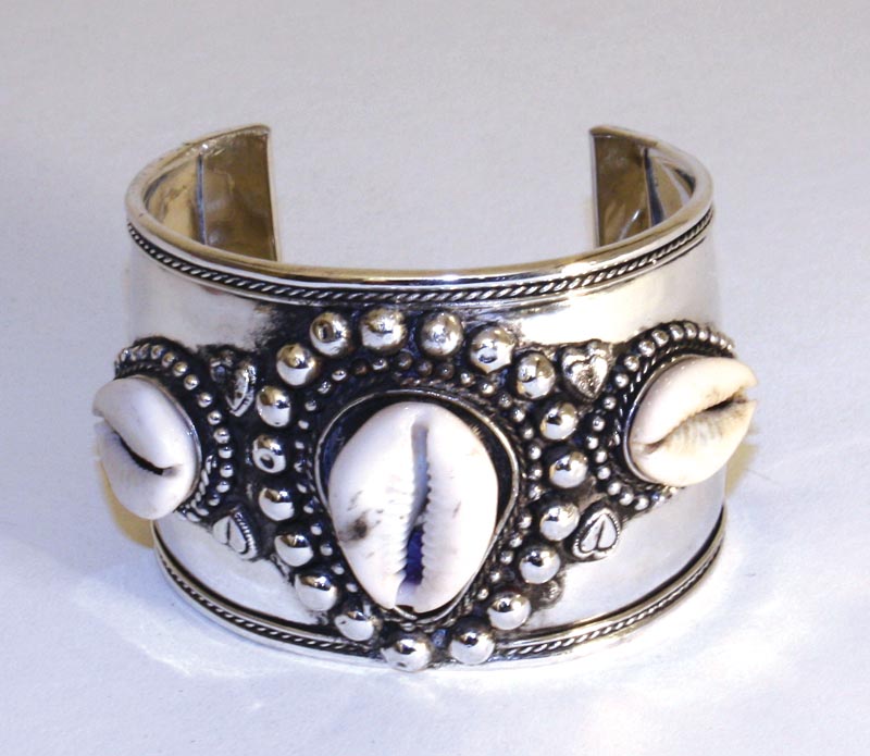 Wide Band Silver Cowrie Shell Bracelet