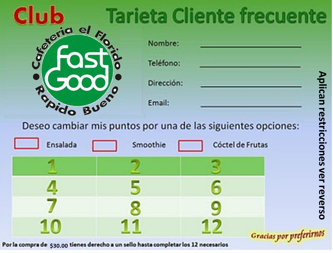 Cafeteria tarjeta cliente frecuente