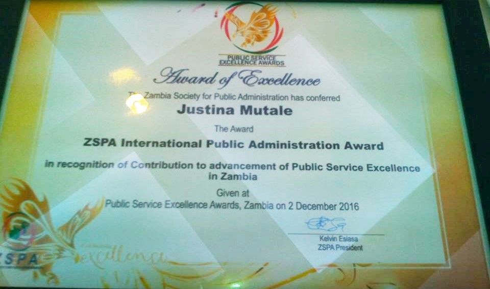 Justina Mutale ZSPA International Public Administration Award. credit: Justina Mutale Facebook