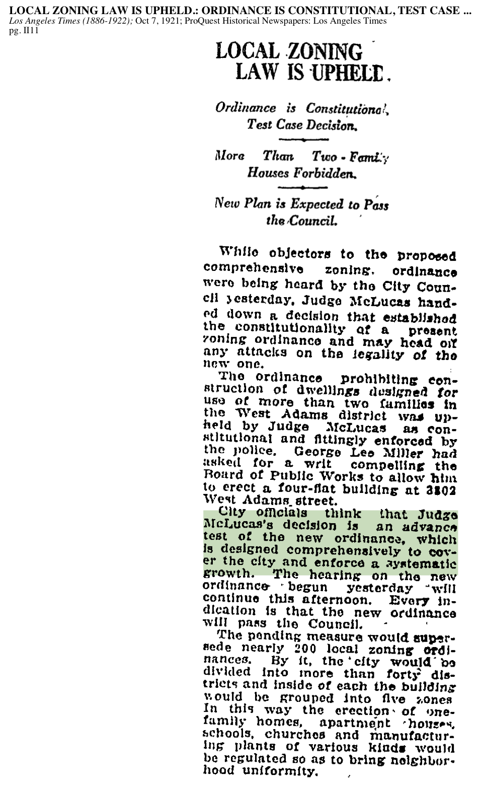 1921-Local Zoning Law Upheld