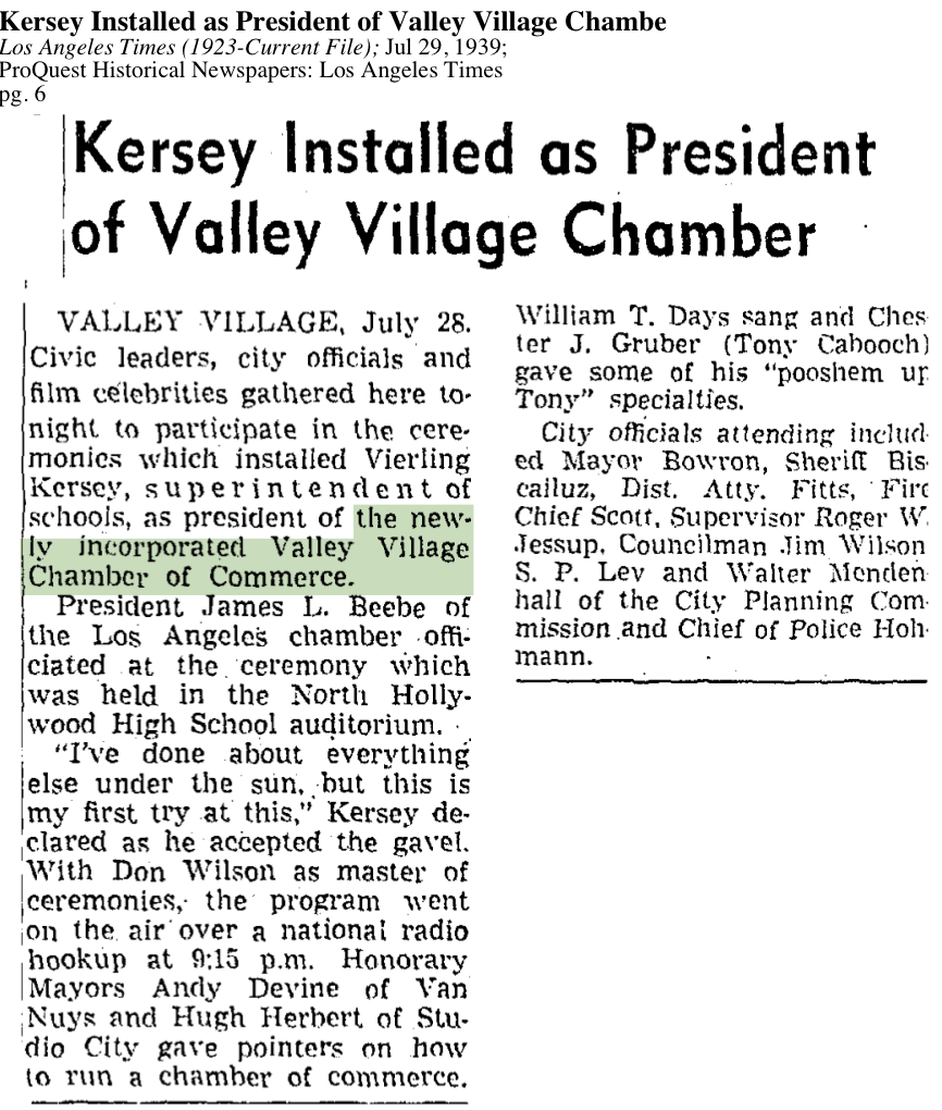1939-Newly Incorporated Valley Village Chamber of Commerce