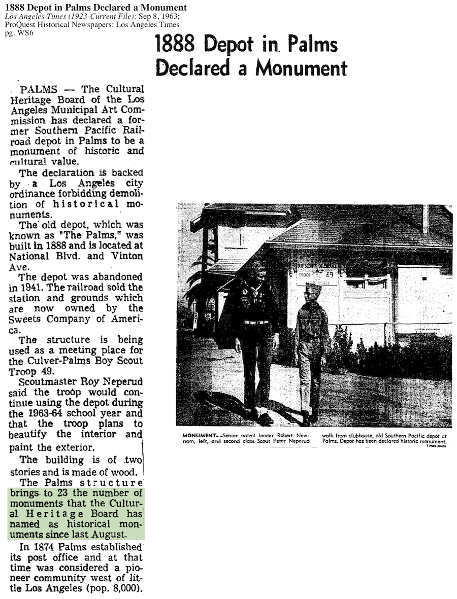 1963-Depot In Palms Declared A Monument