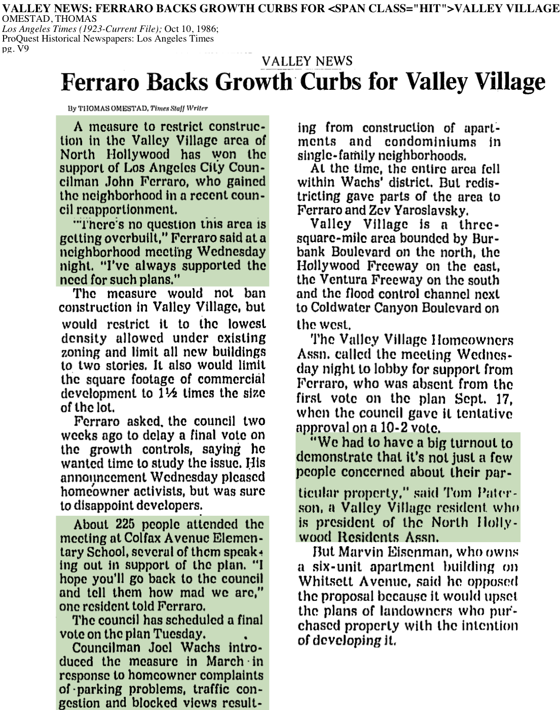 1986-Ferraro Backs Growth Curbs Valley Village