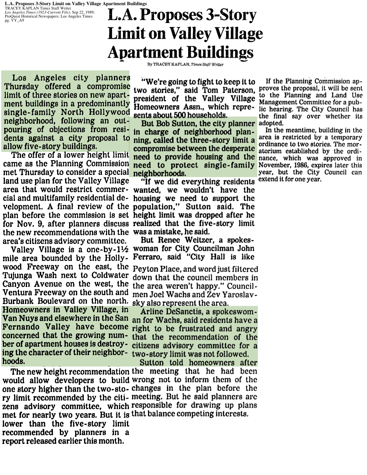 1989-L.A. Proposes 3-story Limit on Valley Village Apartment Buildings